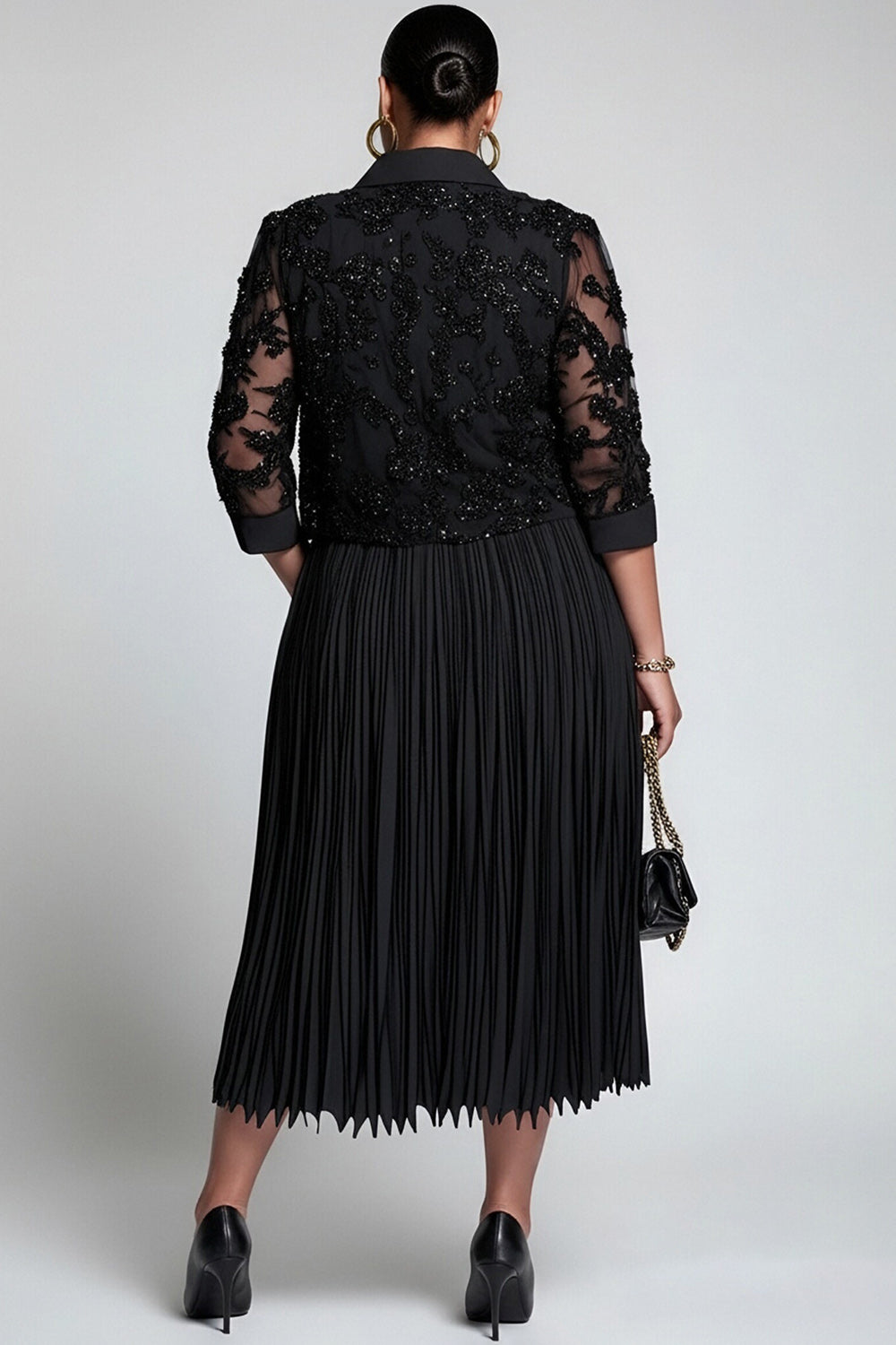 Churchs Black Shirt Collar 3/4 Sleeve Pleated Elegant Pocket Lace Two Piece Skirt Sets