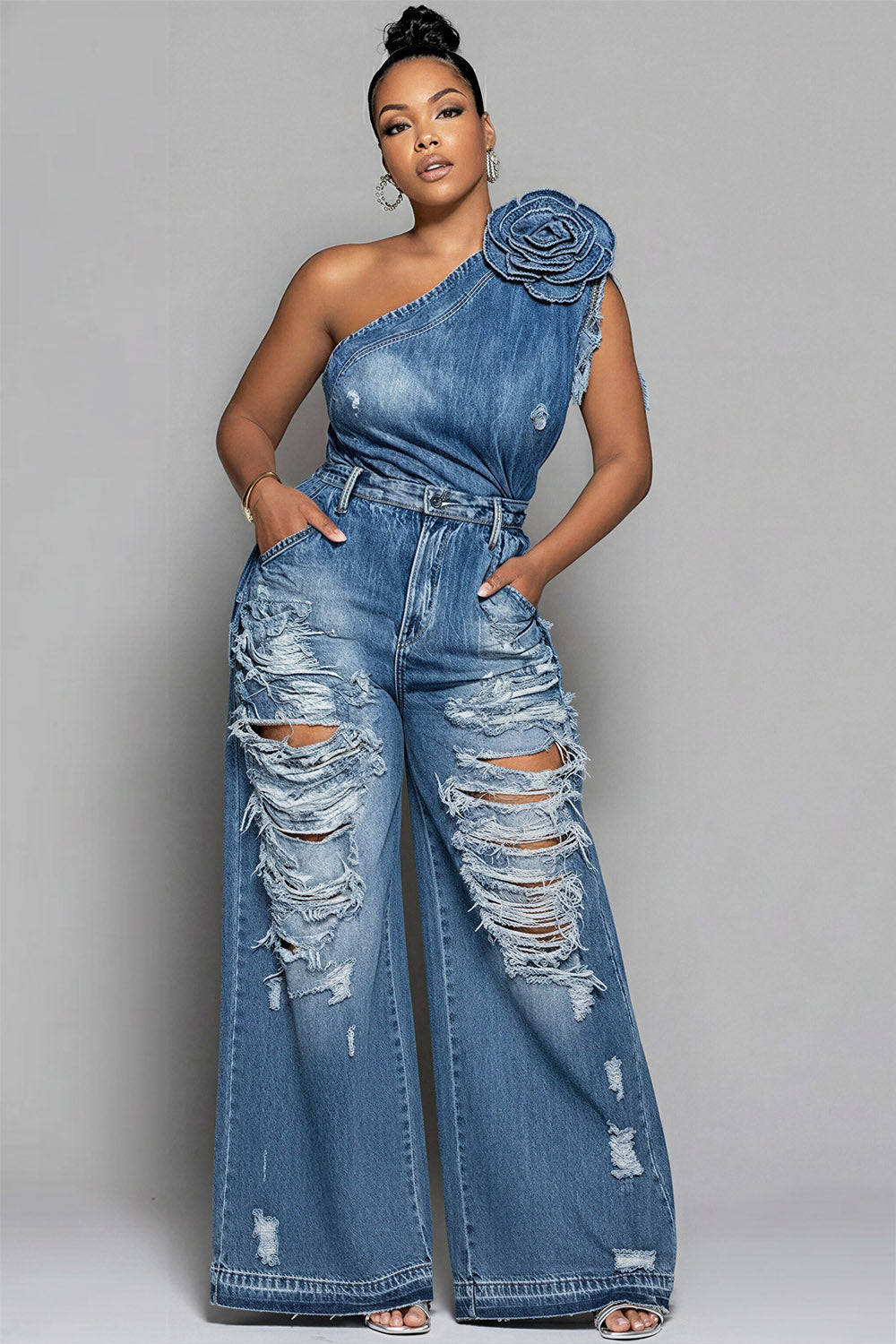 Xpluswear Design Plus Size Vacation Casual Blue One Shoulder 3D Distressed Denim Two Piece Pant Sets