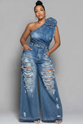 Xpluswear Design Plus Size Vacation Casual Blue One Shoulder 3D Distressed Denim Two Piece Pant Sets