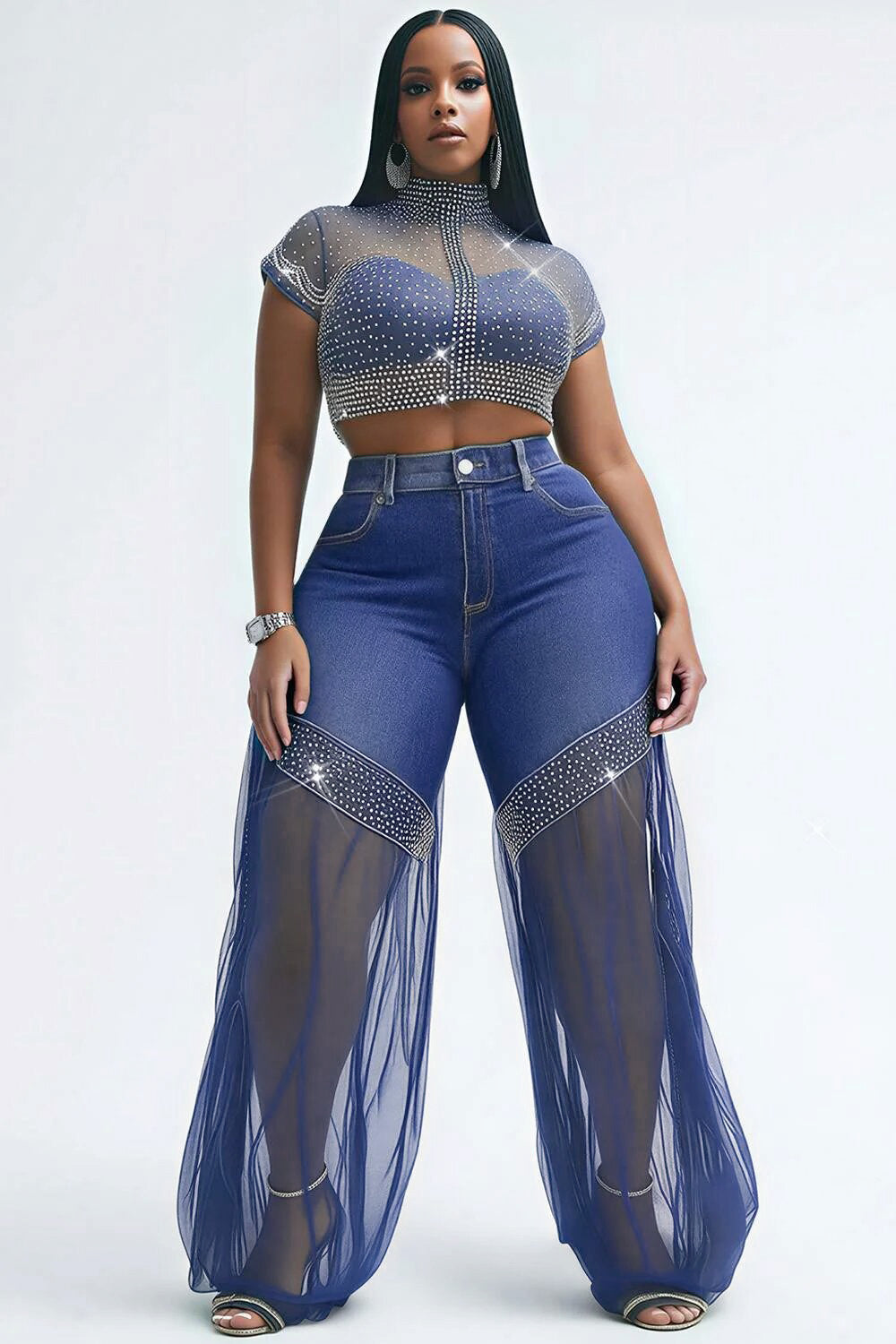 Xpluswear Design Plus Size Party Tulle Blue Drilling See Through Denim Jeans