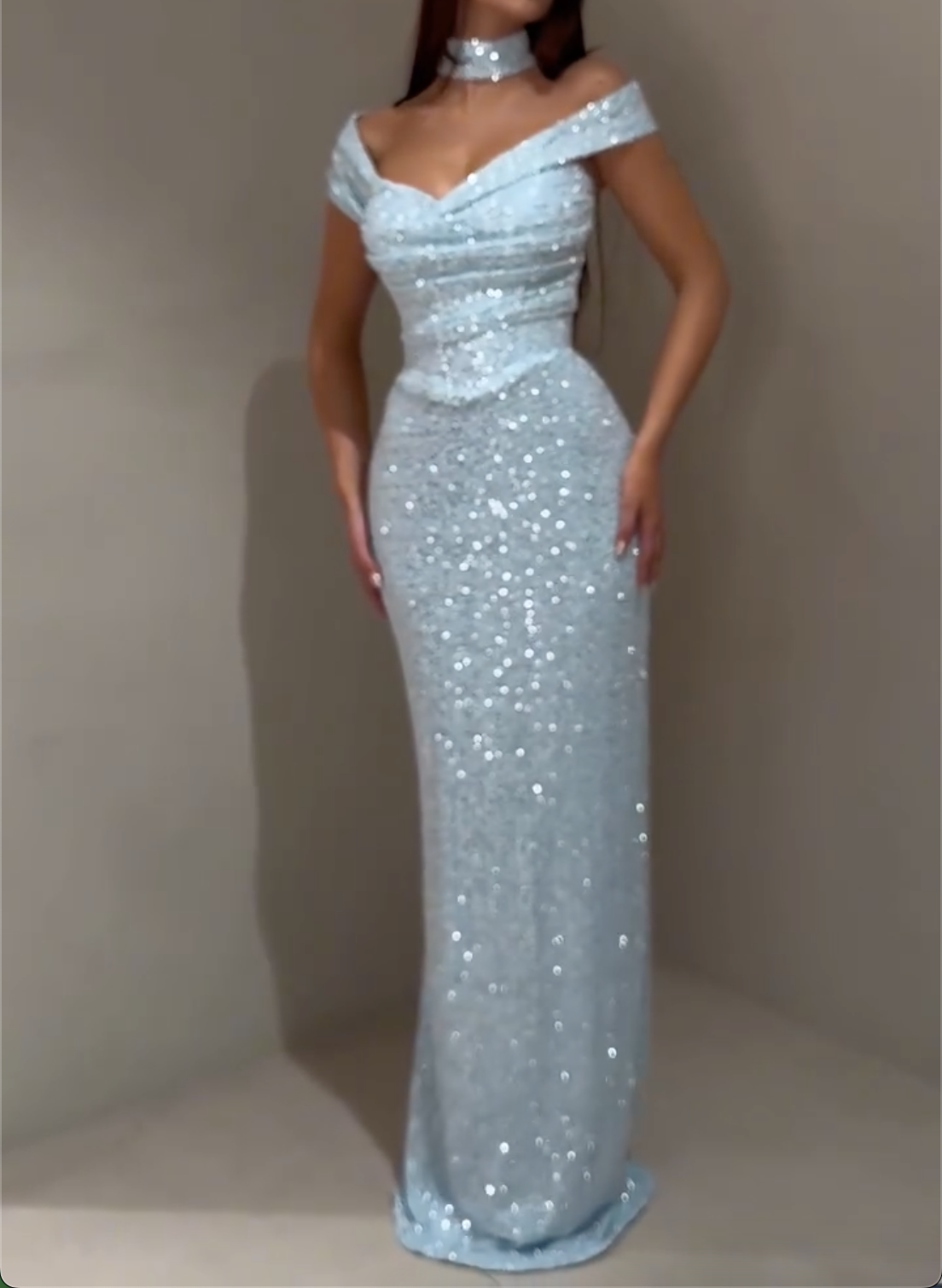 Light Blue Off-the-Shoulder Mermaid Evening Gown - Sequin Dress with Matching Choker