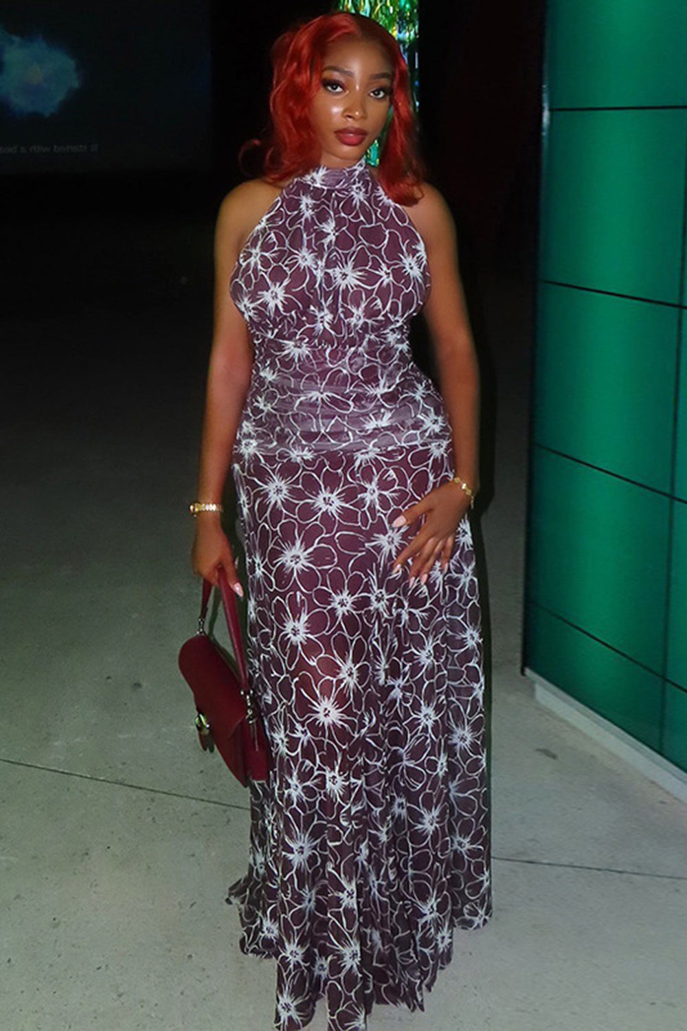 Halter Backless Abstract Floral Print A-Line Casual Maxi Dresses-Multicolor