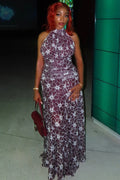 Halter Backless Abstract Floral Print A-Line Casual Maxi Dresses-Multicolor