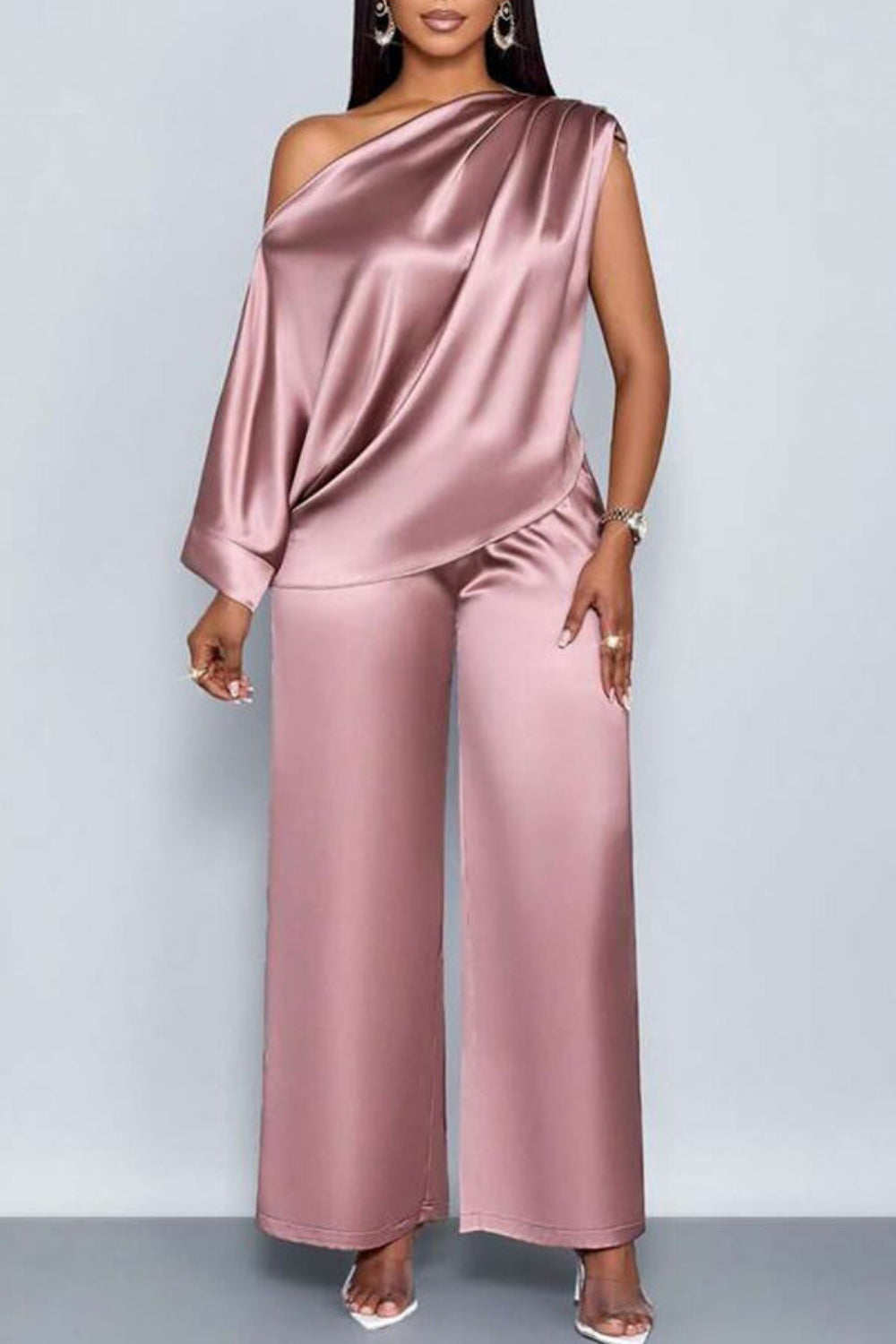 Casual Pink Elegant Oblique Collar Short Sleeve Pocket Satin Two Piece Pant Sets