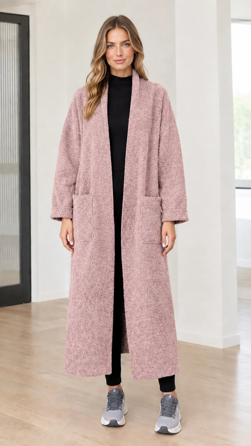 Women's Textured Bouclé Long Open Front Duster Coat with Pockets