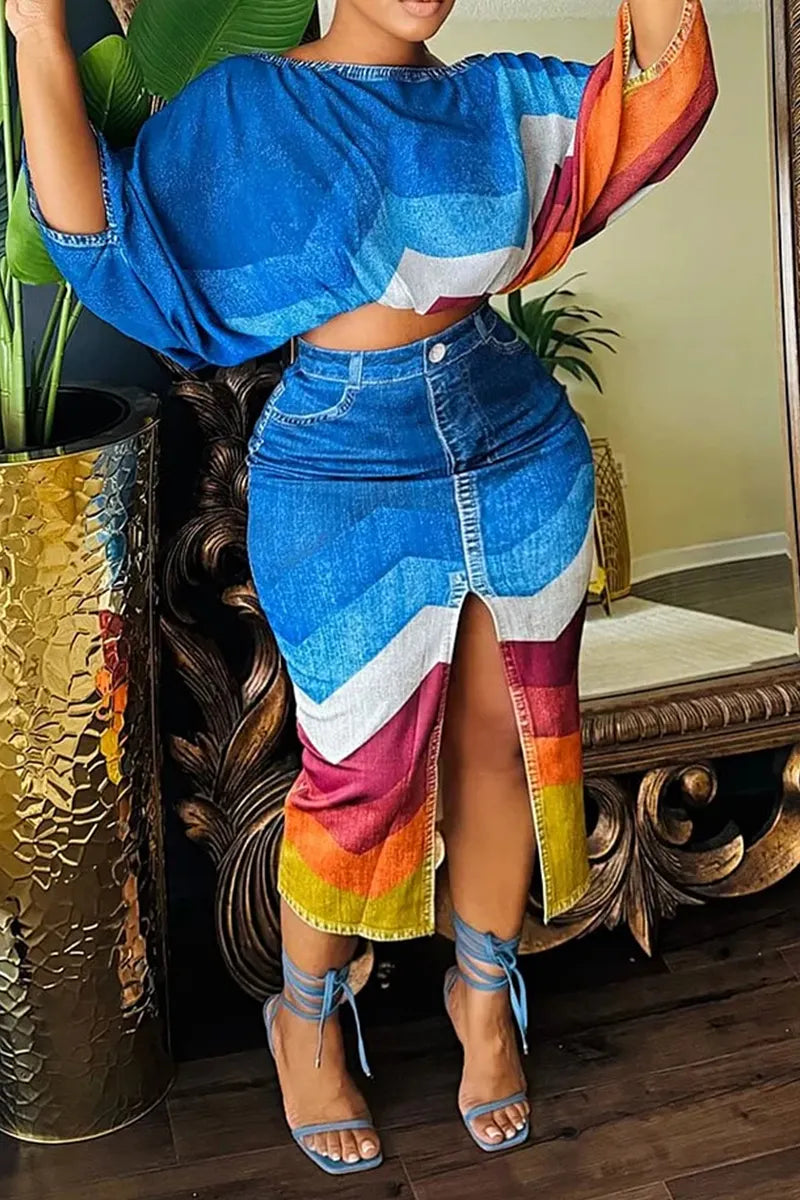 Women's Casual Patterned Denim Jacket & Casual Denim Skirt