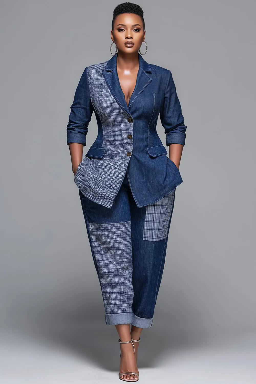 Xpluswear Design Plus Size Business Casual Blue Plaid Lapel Collar Long Sleeve Pocket Casual Contrast Denim Two Piece Pant Suits