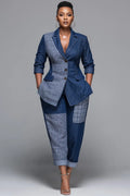 Xpluswear Design Plus Size Business Casual Blue Plaid Lapel Collar Long Sleeve Pocket Casual Contrast Denim Two Piece Pant Suits