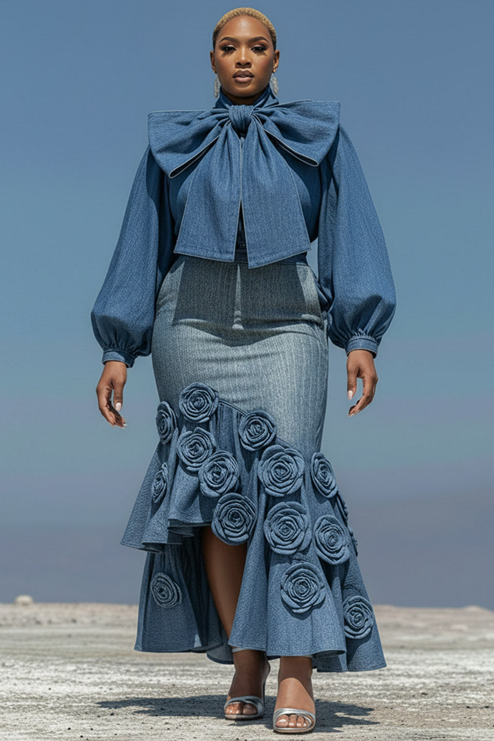 Xpluswear Design Plus Size Cocktail Party Blue Puff Sleeve Long Sleeve Bodycon Elegant Bow Tie Denim Two Piece Skirt Sets