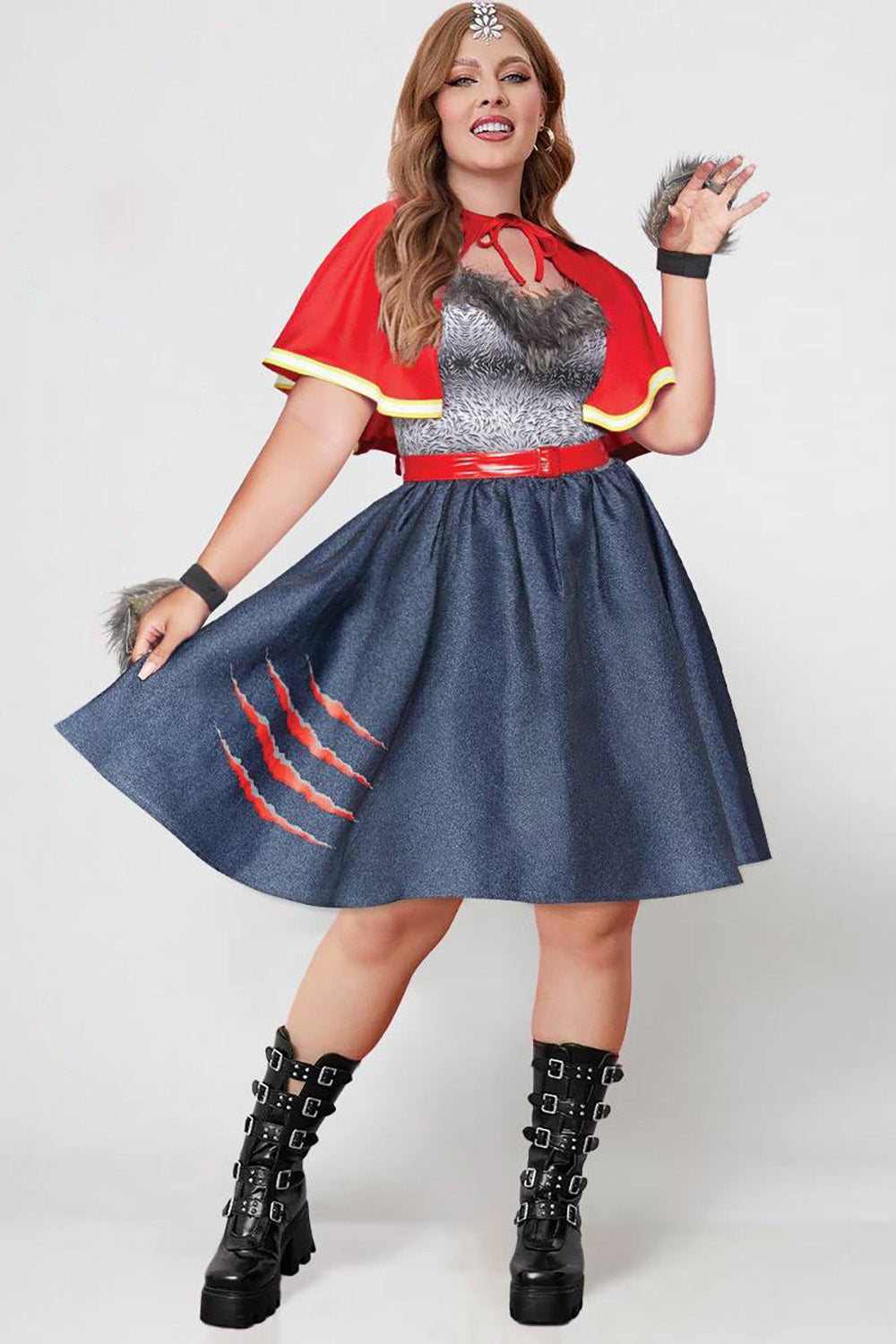 Halloween Dress Red Feather Shawl Patchwork Mini Dress(Ships 24h)
