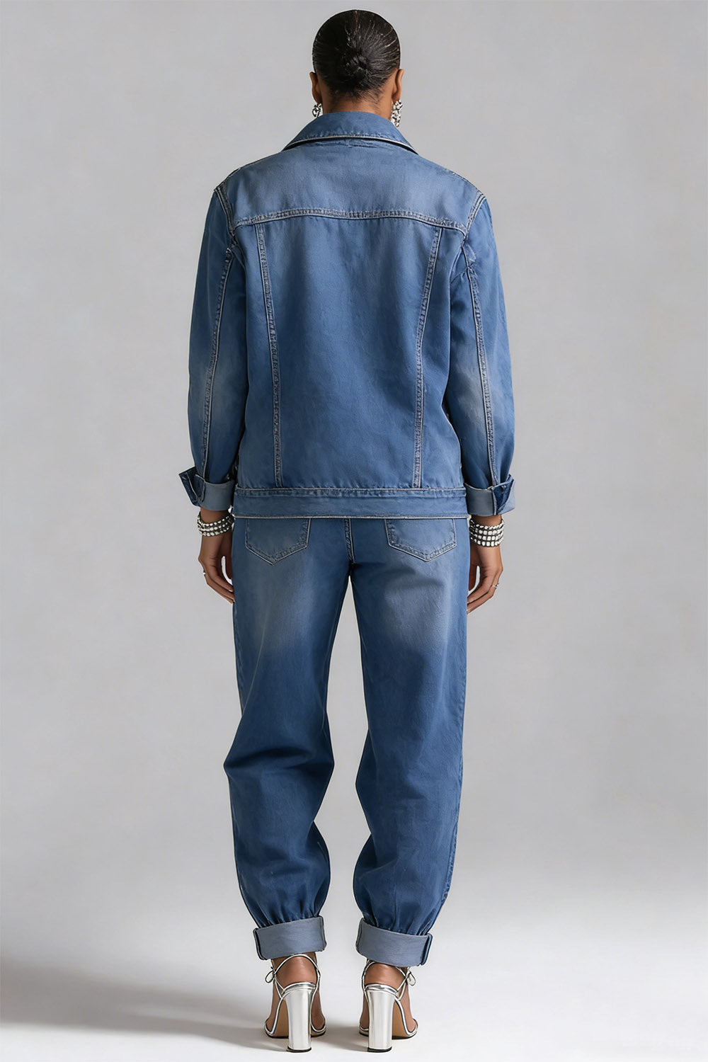 Xpluswear Design Plus Size Party Blue Turndown Collar Long Sleeve Drilling Elegant Pocket Denim Two Piece Pant Sets