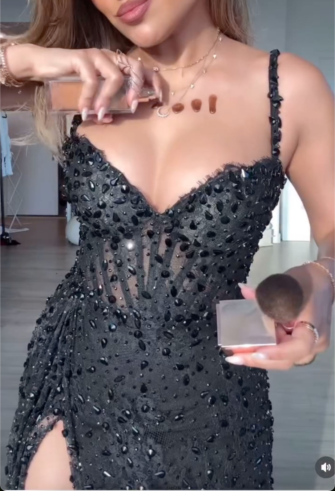 Black Beaded Sheer Mesh Maxi Dress with High Slit
