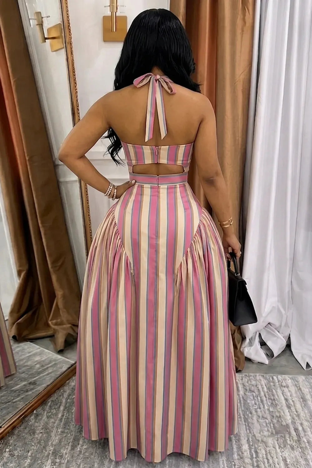 Striped Print Halter Neck Cut Out A-Line Party Maxi Dresses-Pink [Pre Order]