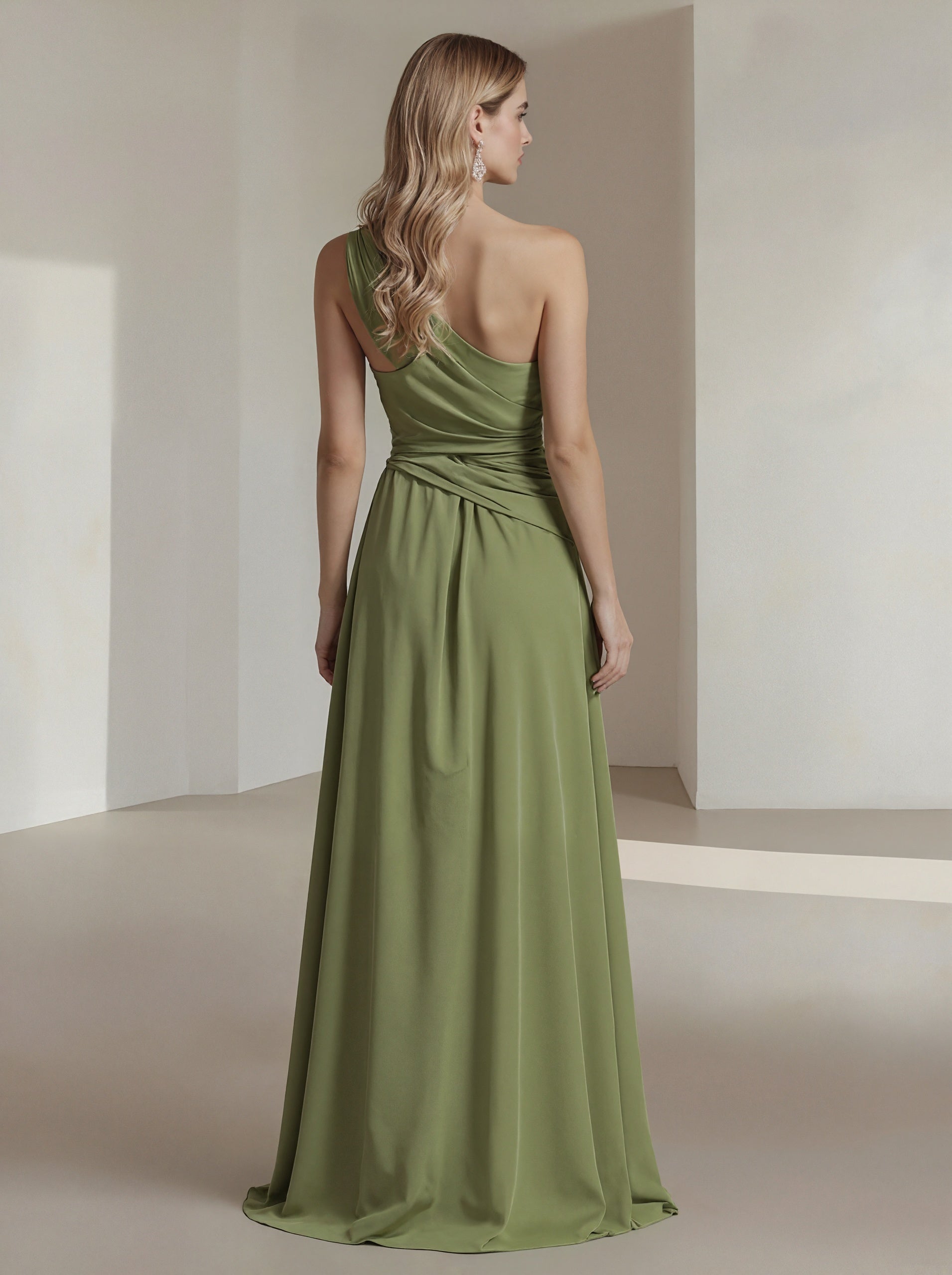 Solid Color One Shoulder Chiffon Dress With 3D Floral High Slit Maxi Dress