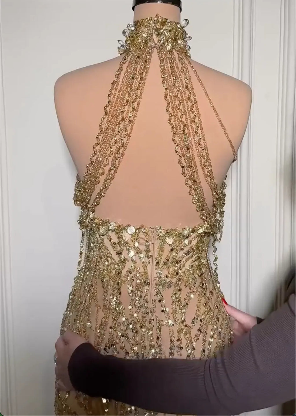 Gold Halter Neck Maxi Evening Gown - Crystal Beaded Fringe & Open Back Formal Dress