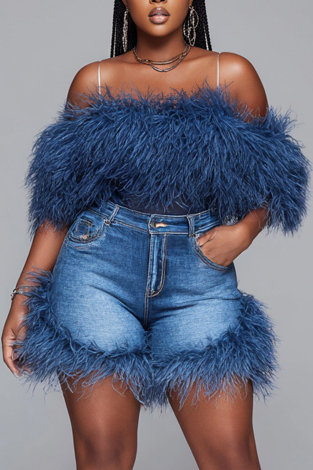 Xpluswear Design Plus Size Party Blue Denim Feather Pocket Shorts