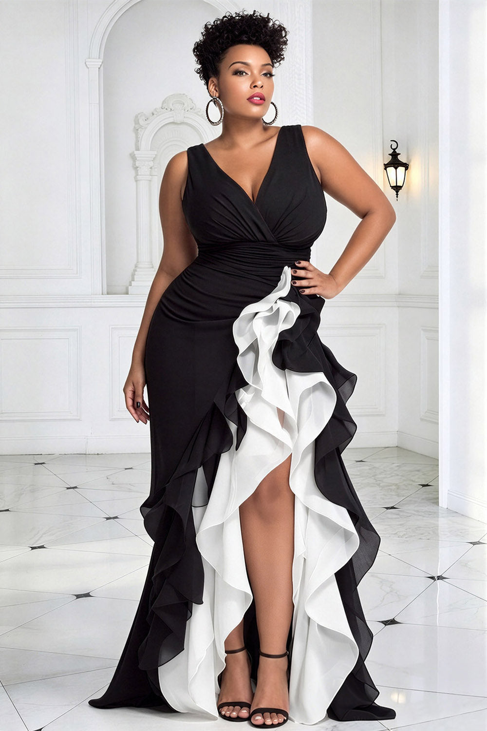 Elegant Black V Neck Ruffle Asymmetric Hem Chiffon Maxi Dresses [Pre-Order]