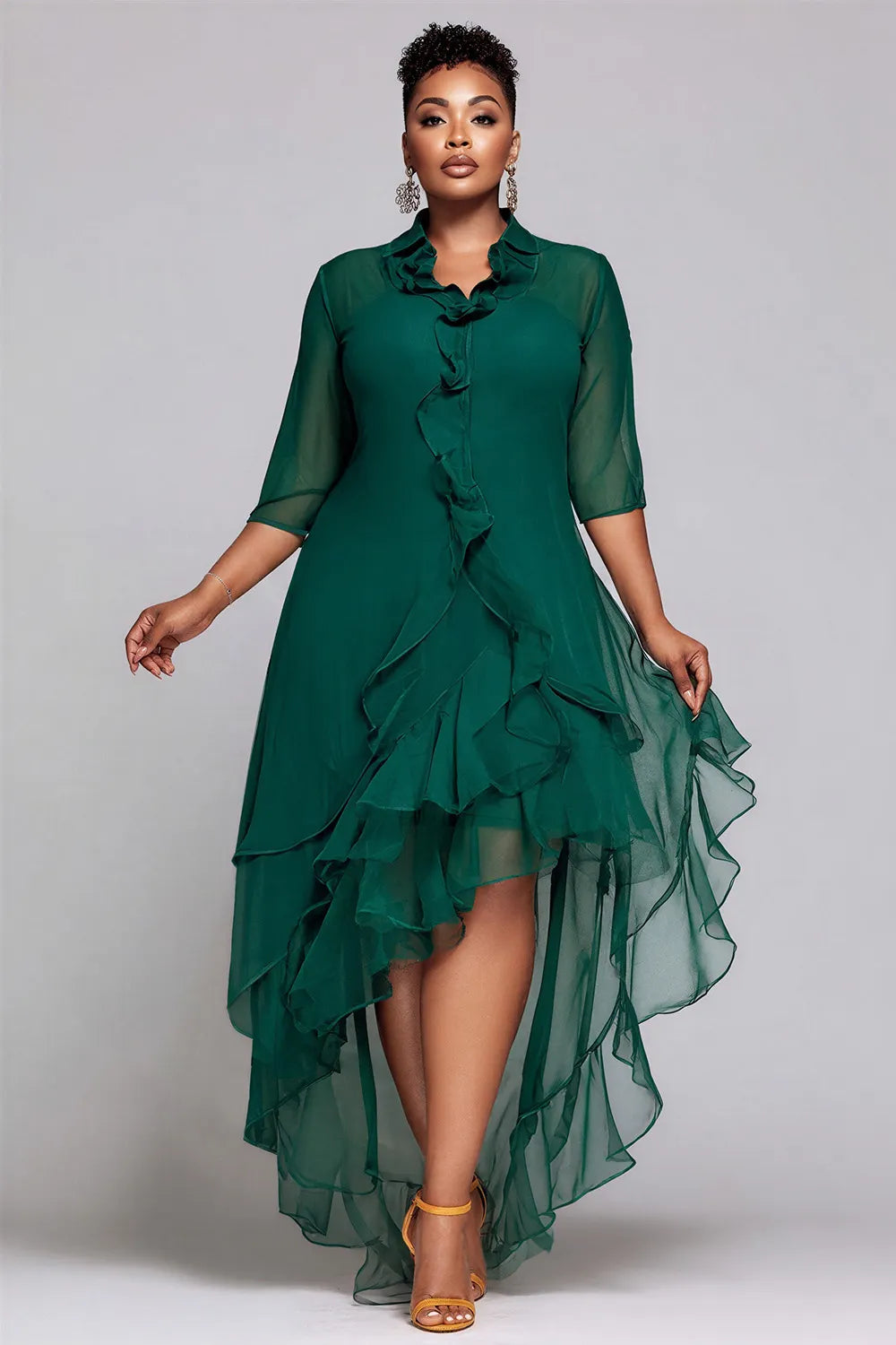 Vacation Emerald Green Shirt Collar Half Sleeve High Low Hem Ruffle Chiffon Midi Dresses [Pre-Order]