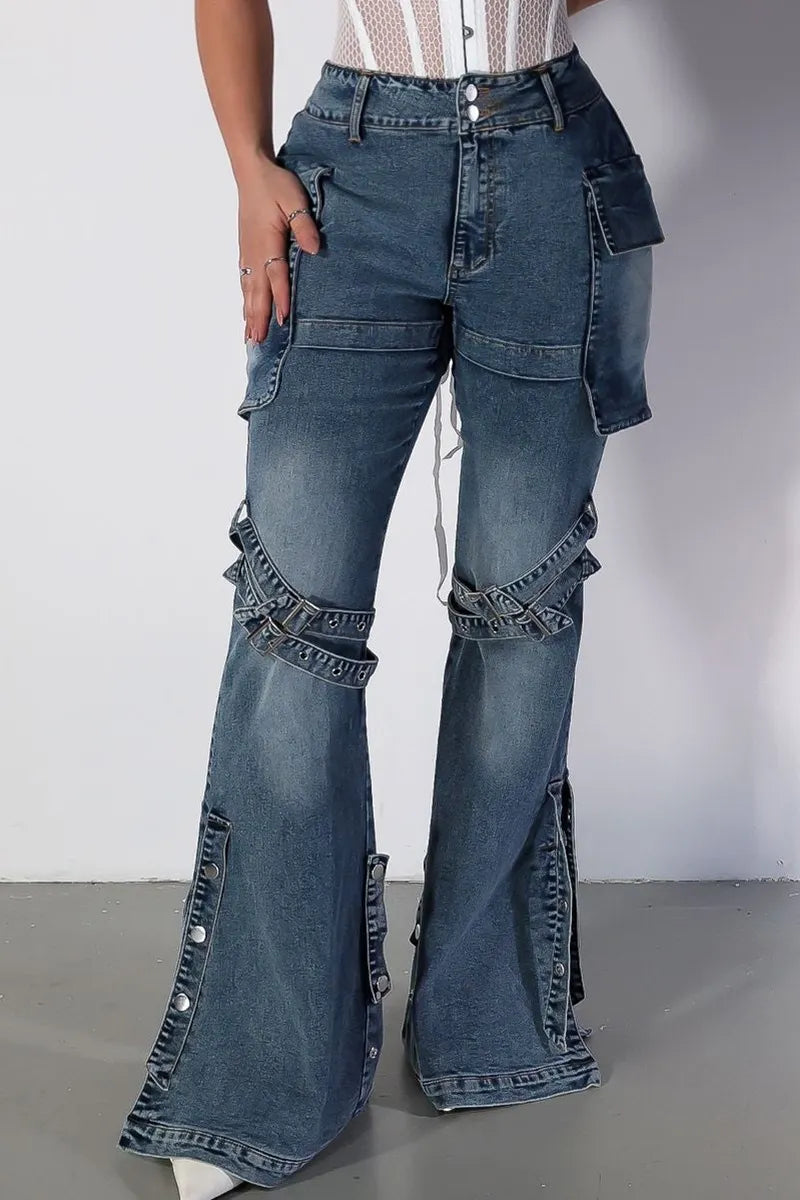 Women's Street Style Flared Jeans With Multi Pocket Patchwork And Side Button Slits