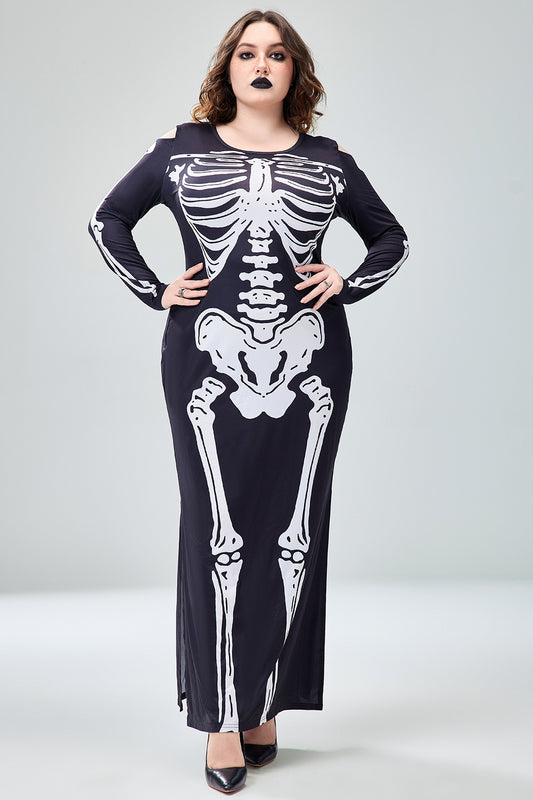 Casual Halloween Costume Gothic Black Round Neck Long Sleeve Skeleton Print Knitted Maxi Dress(Ships 24h)