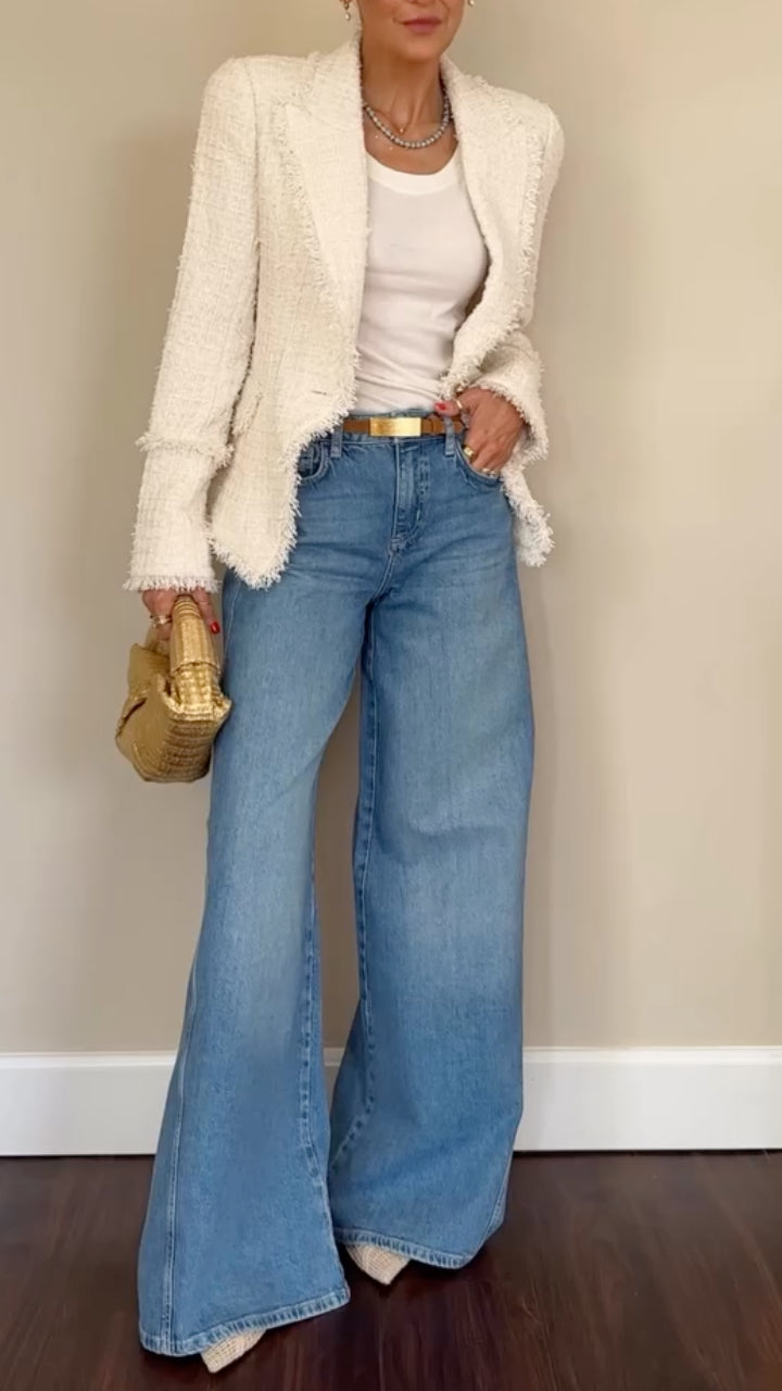 White Tweed Blazer & Wide‑Leg Denim Outfit