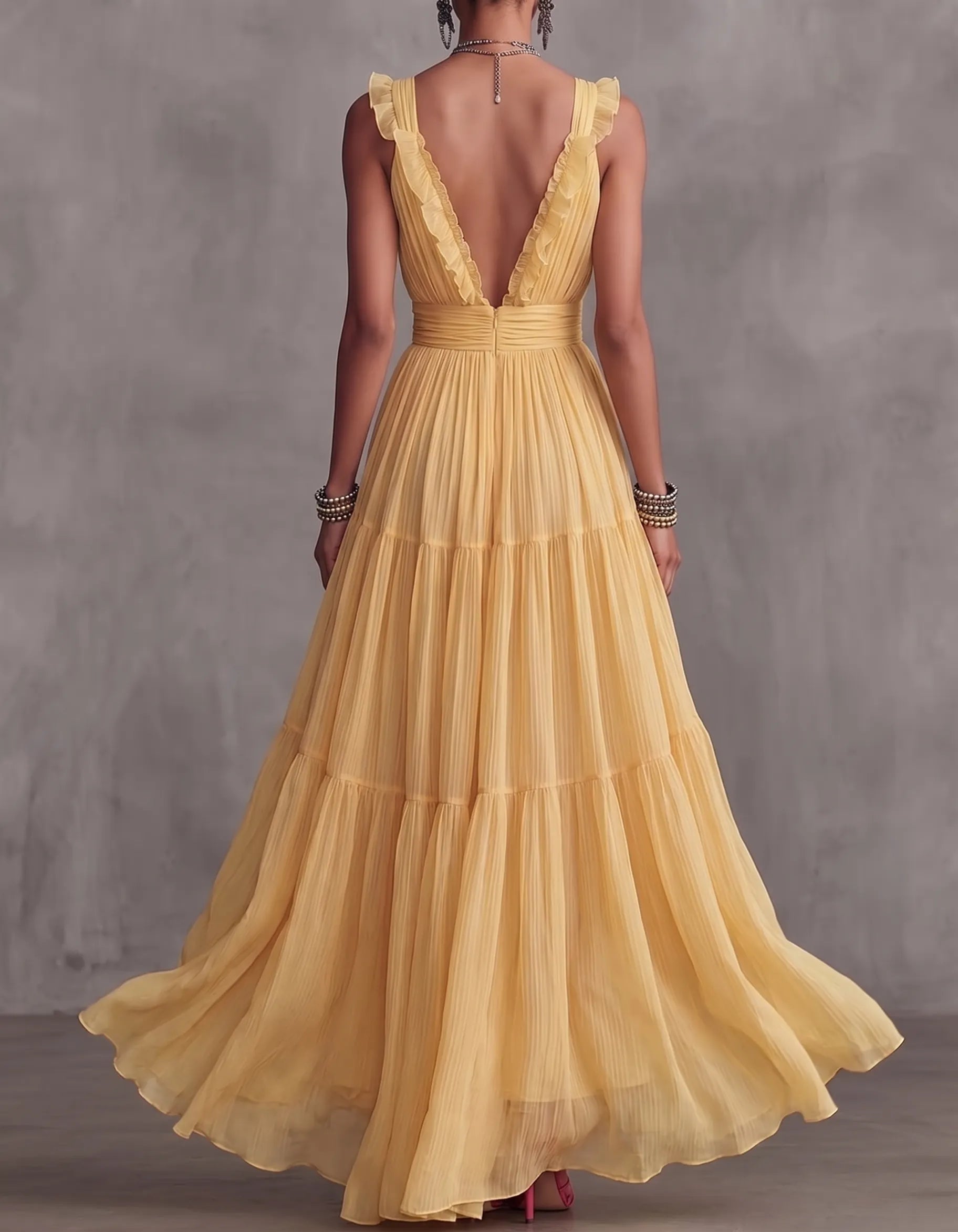Chiffon V-neck Halter Neck Ruffled Trim Cinched Waist Maxi Dress