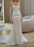 Spaghetti Strap Lace Mermaid Wedding Dress Built-in Corset Bridal Gown With Detachable Lace Gloves For Wedding Elopement Photoshoot