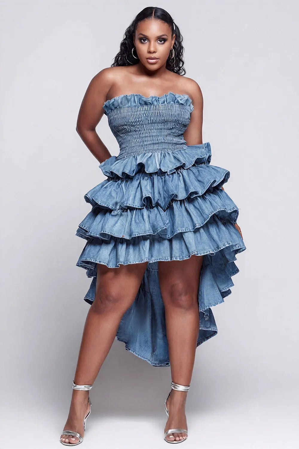 Xpluswear Design Plus Size Party Elegant Blue Strapless Ruffle Tiered Tencel Denim Mini Dresses [Pre-Order]