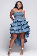 Xpluswear Design Plus Size Party Elegant Blue Strapless Ruffle Tiered Tencel Denim Mini Dresses [Pre-Order]