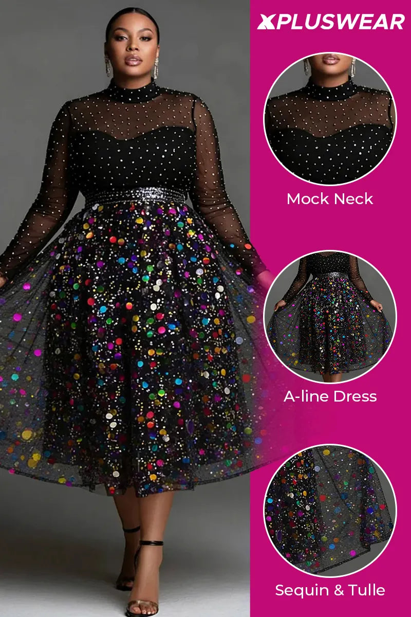 Party Tulle Multicolor Mock Neck Long Sleeve See Through Elegant Sequin Midi Dresses