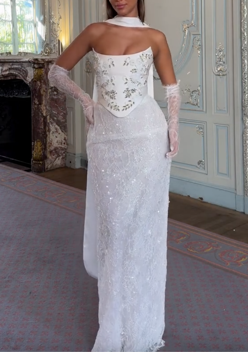 White Strapless Convertible Maxi Dress with Crystal Embellishments