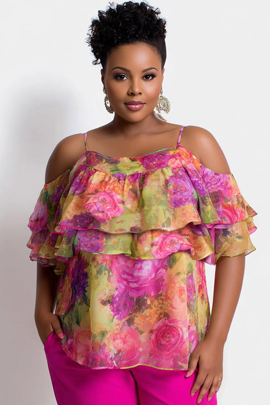 Vacation Multicolor Floral Cold Shoulder Short Sleeve Ruffle Chiffon Tops