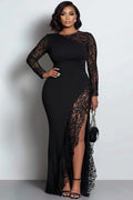 Black Round Neck Long Sleeve See Through Split Maxi Dresses