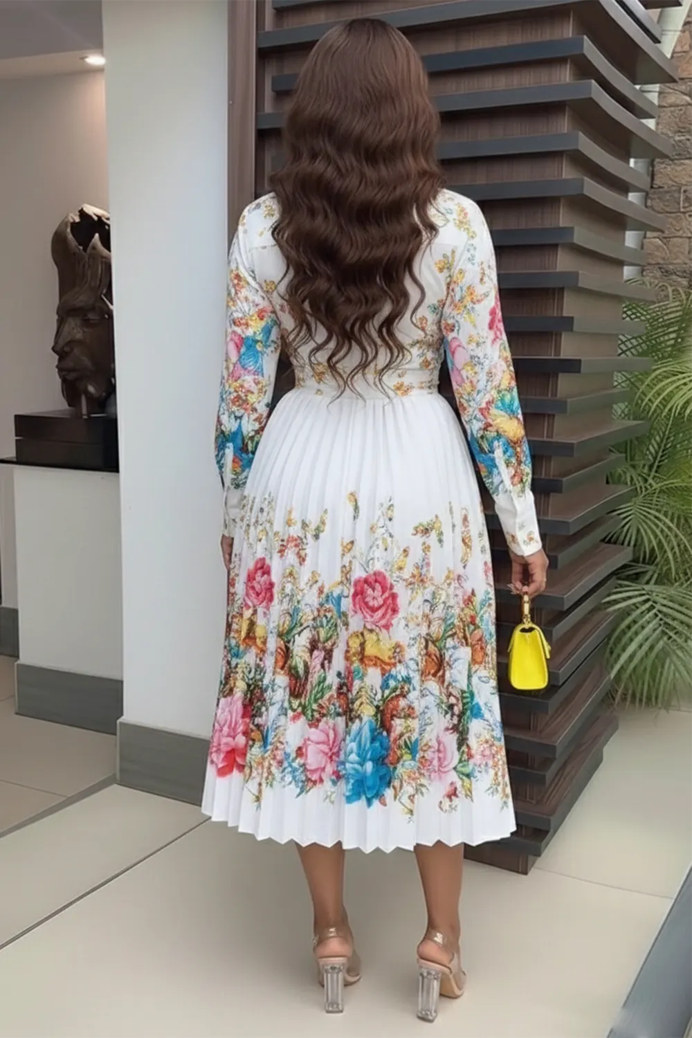 Turndown Collar Long Sleeve Floral Casual Midi Dresses-Multicolor