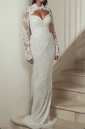 White Long Sleeve Lace Mermaid Wedding Dress - High Neck Sheer Sleeve Bridal Gown