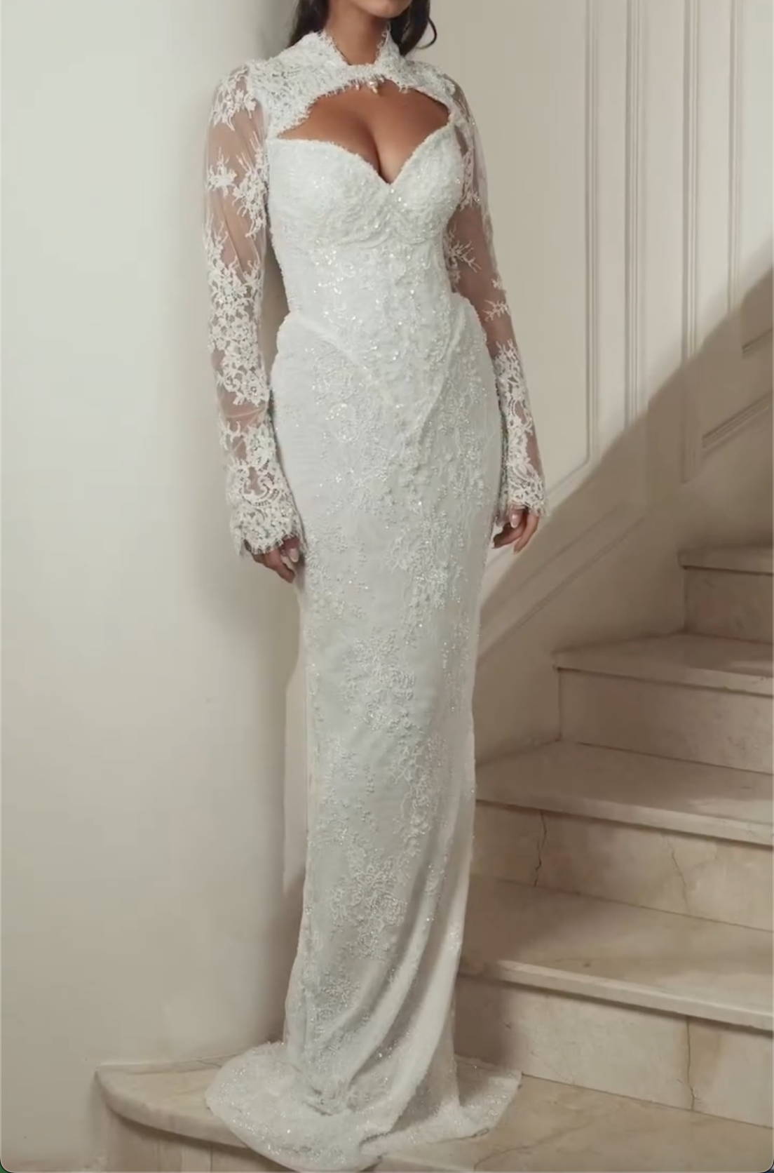 White Long Sleeve Lace Mermaid Wedding Dress - High Neck Sheer Sleeve Bridal Gown