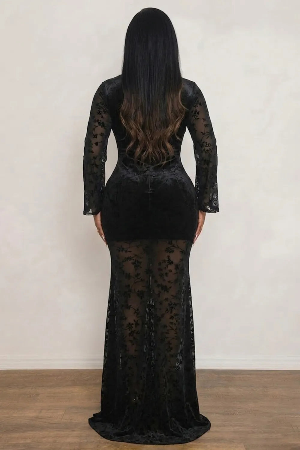 Floral Flocking Square Neck Flare Sleeve Slim Gowns Maxi Dresses-Black