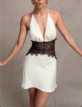 Ivory Halter Neck Mini Dress with Black Lace Waist Insert & Open Back