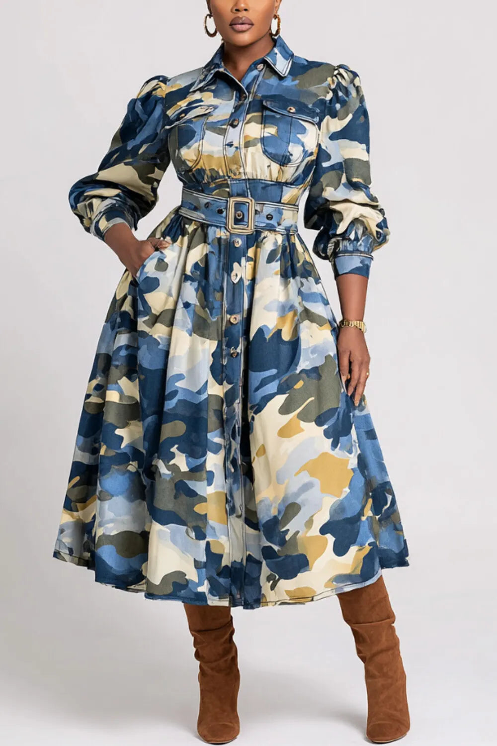 Daily Light Blue Camo Shirt Collar Puff Sleeve Long Sleeve Pocket Casual Midi Dresses