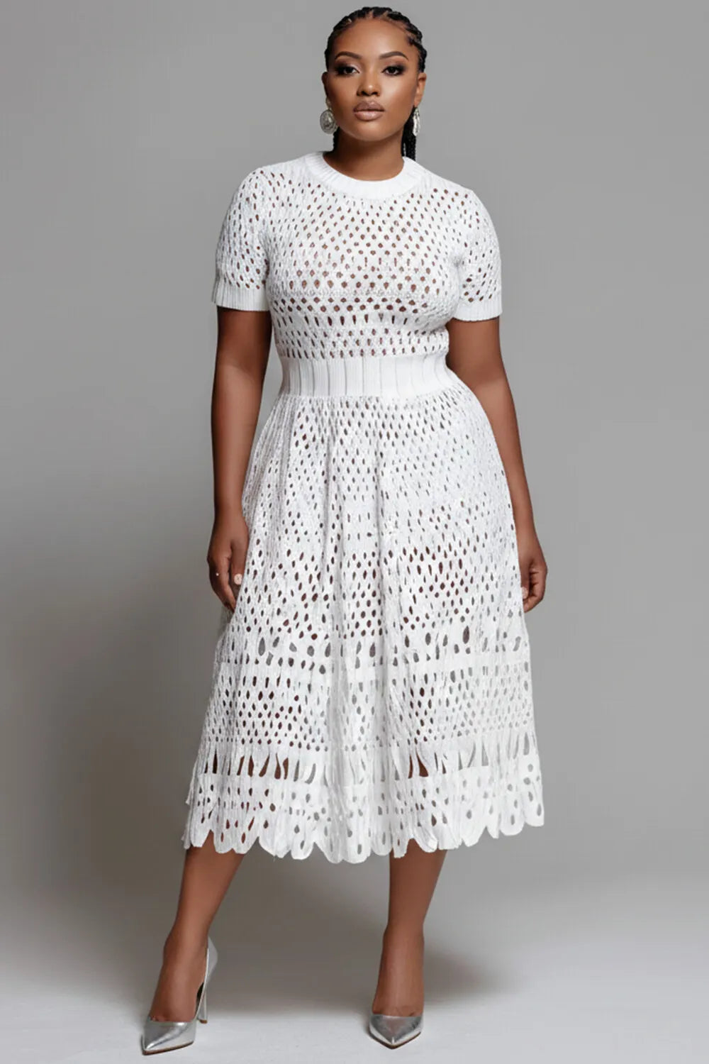 Vacation White Round Neck Short Sleeve Cut Out Midi Dresses