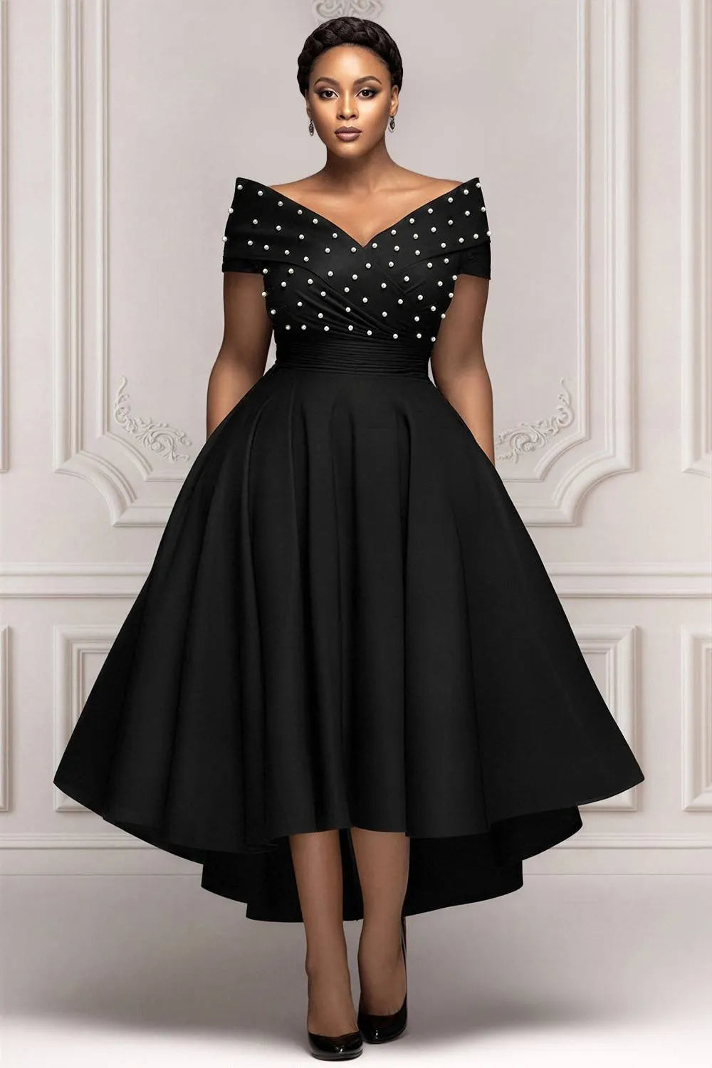Black Wrap Neck Short Sleeve Asymmetric Hem Irregular Hem Pearls Satin Midi Dresses