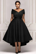 Black Wrap Neck Short Sleeve Asymmetric Hem Irregular Hem Pearls Satin Midi Dresses