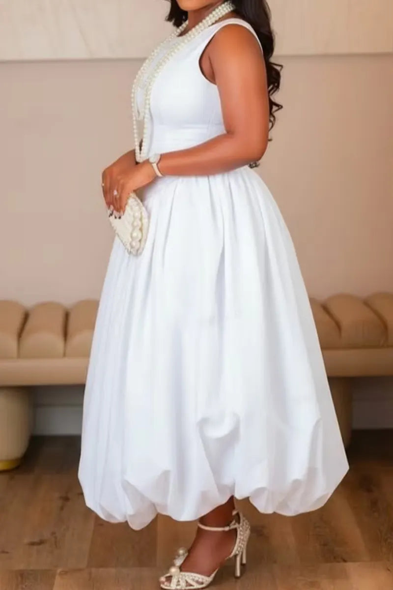 Women Solid White Sleeveless Round Neck Waist Cinch Bubble Puff Midi Dress