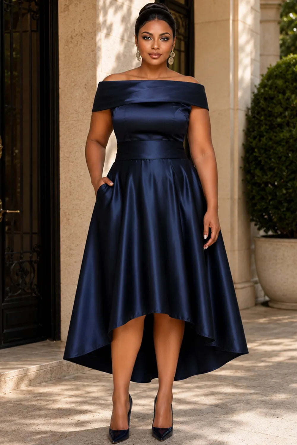 Wedding Guest Elegant Navy Blue Off The Shoulder Short Sleeve Asymmetric Hem Pocket Satin Midi Dresses