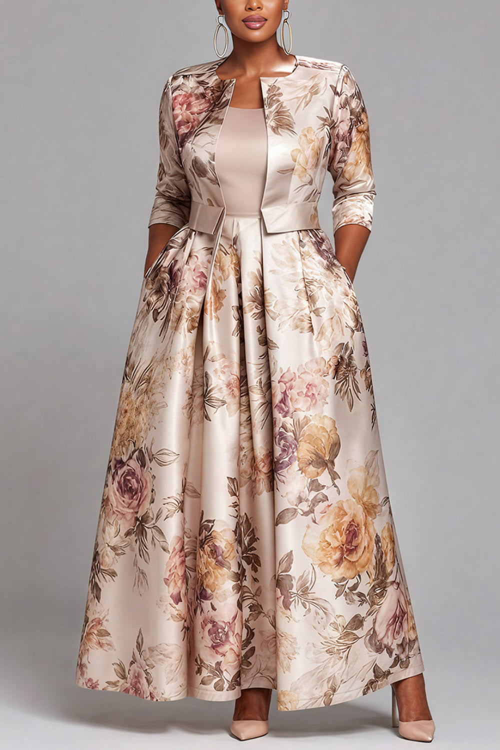 Champagne Floral 3/4 Sleeve Pocket Elegant Pleated Satin Two Piece Skirt Sets