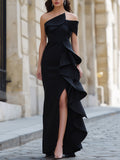 Black One-Shoulder Ruffle Slit Maxi Evening Dress – Sculpted Formal Elegance