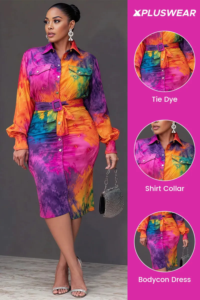 Daily Multicolor Tie Dye Shirt Collar Lantern Sleeve Long Sleeve Bodycon Wrap Midi Dresses