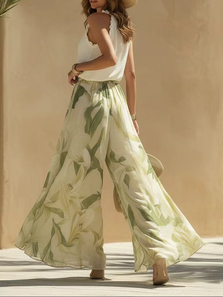 Tropical Garden Halter Leaf Print Wide-Leg Set