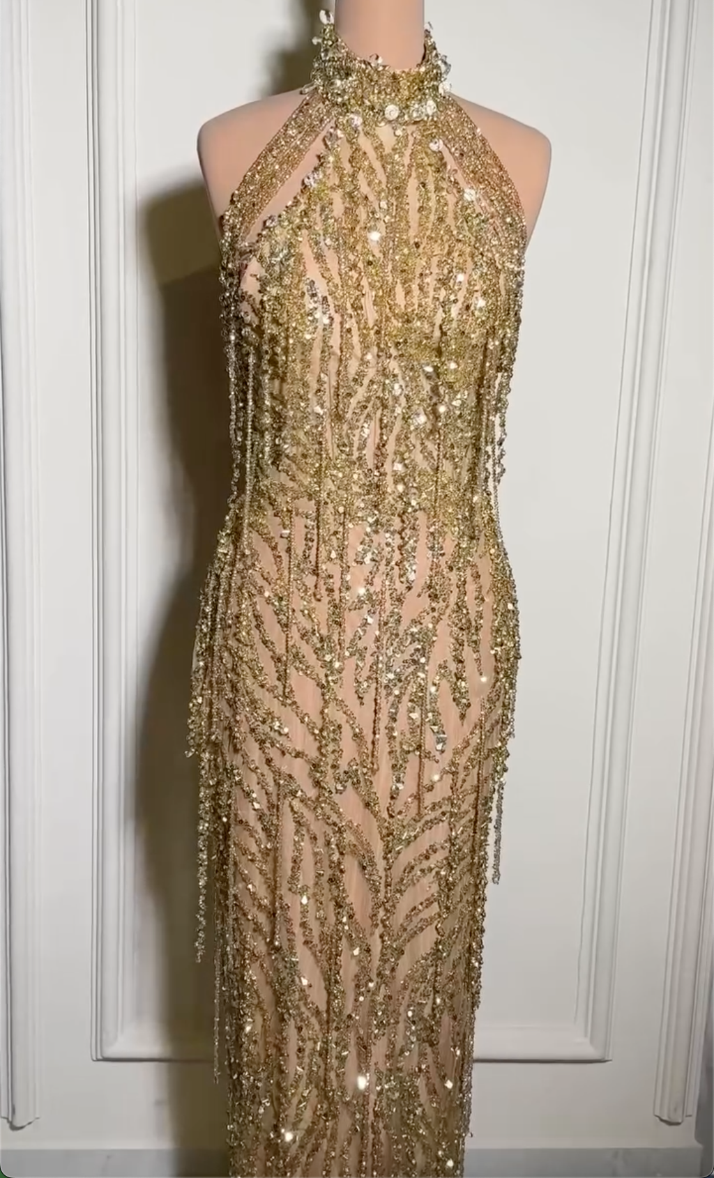 Gold Halter Neck Maxi Evening Gown - Crystal Beaded Fringe & Open Back Formal Dress