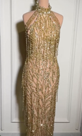 Gold Halter Neck Maxi Evening Gown - Crystal Beaded Fringe & Open Back Formal Dress